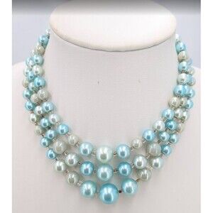 Vintage Japan Triple Strand Faux Pearl Necklace Aqua Cream Silver Tone 18 Inch
